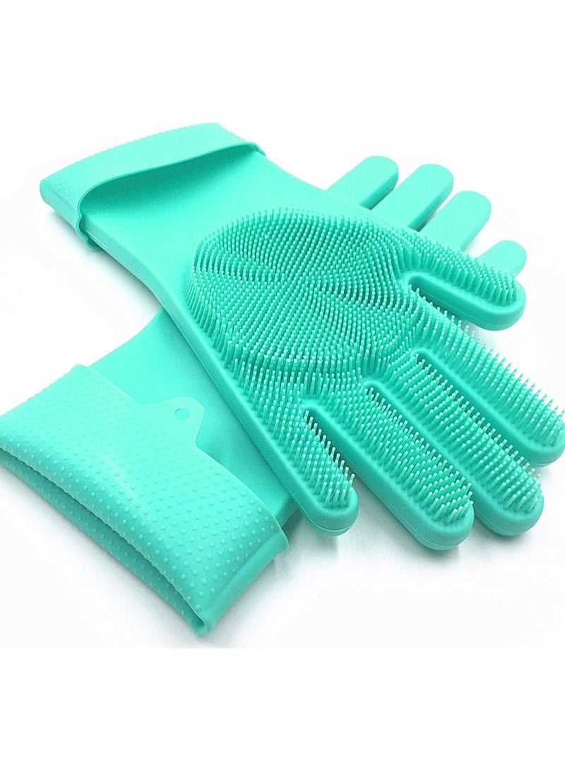 SolidScrub Magic Silicone Gloves Scrubbing Gloves for dishes, dishwashing gloves with scrubbers, dish gloves for kitchen, car wash, and pet care | 1 pair, 2 gloves (Green Blue/Aqua)