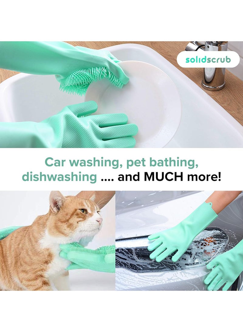 SolidScrub Magic Silicone Gloves Scrubbing Gloves for dishes, dishwashing gloves with scrubbers, dish gloves for kitchen, car wash, and pet care | 1 pair, 2 gloves (Green Blue/Aqua)
