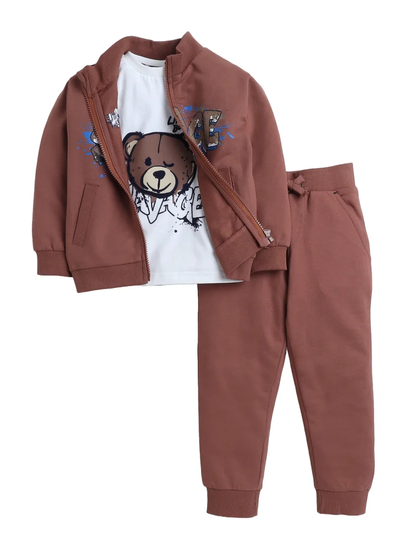 victor and jane Cute Teddy Printed 3 Pc Set - T-shirt , Zipper Jacker and Joggers