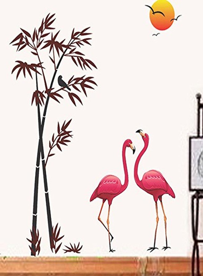 Asmi Collections Wall Stickers Beautiful Flamingo Birds Bamboo Tree Sunset - Image 1