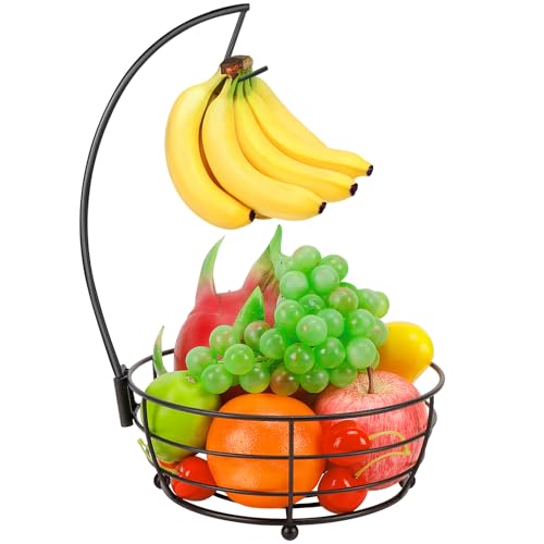 Livabber Countertop Fruit Basket Bowl with Banana Hanger Modern Standing Fruit Vegetable Bowl Storage with Banana Tree Holder for Kitchen Dinning Table Round Metal Black - Image 1