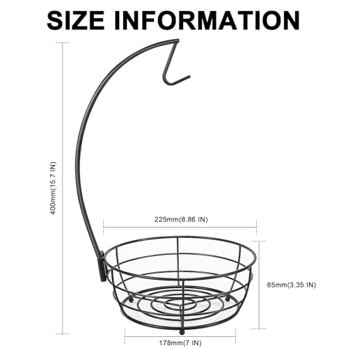 Livabber Countertop Fruit Basket Bowl with Banana Hanger Modern Standing Fruit Vegetable Bowl Storage with Banana Tree Holder for Kitchen Dinning Table Round Metal Black - Image 3