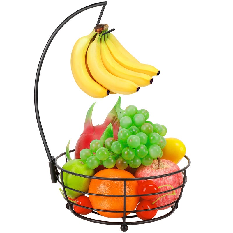 Livabber Countertop Fruit Basket Bowl with Banana Hanger Modern Standing Fruit Vegetable Bowl Storage with Banana Tree Holder for Kitchen Dinning Table Round Metal Black - Image 2