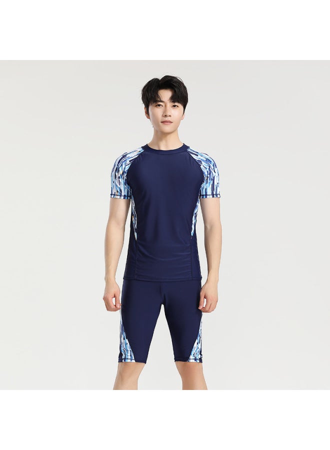 Loquat Two-piece Swimsuit Men's Sun Protection Quick-drying Short-sleeved Shirt Youth Five-point Boxers Sports Training Hot Spring Suit-Color:88 Black- - Image 3