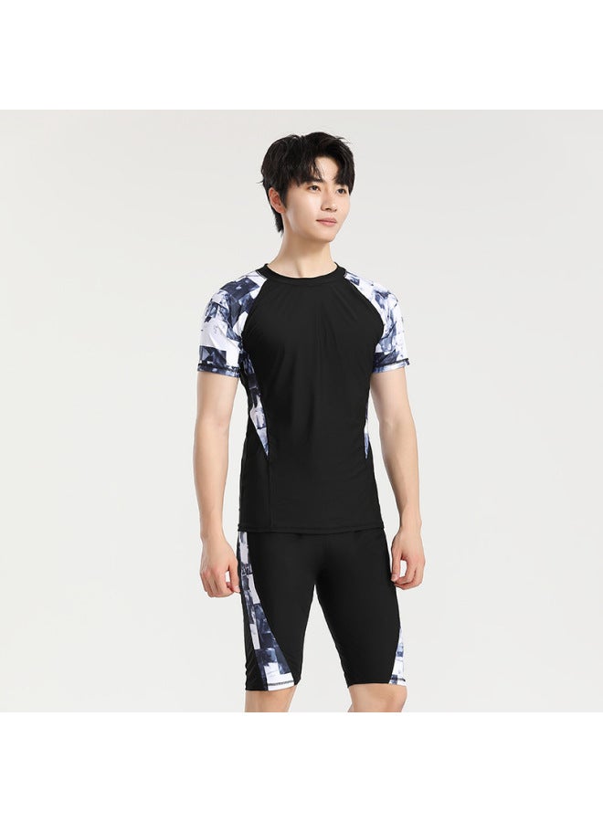 Loquat Two-piece Swimsuit Men's Sun Protection Quick-drying Short-sleeved Shirt Youth Five-point Boxers Sports Training Hot Spring Suit-Color:88 Black- - Image 2