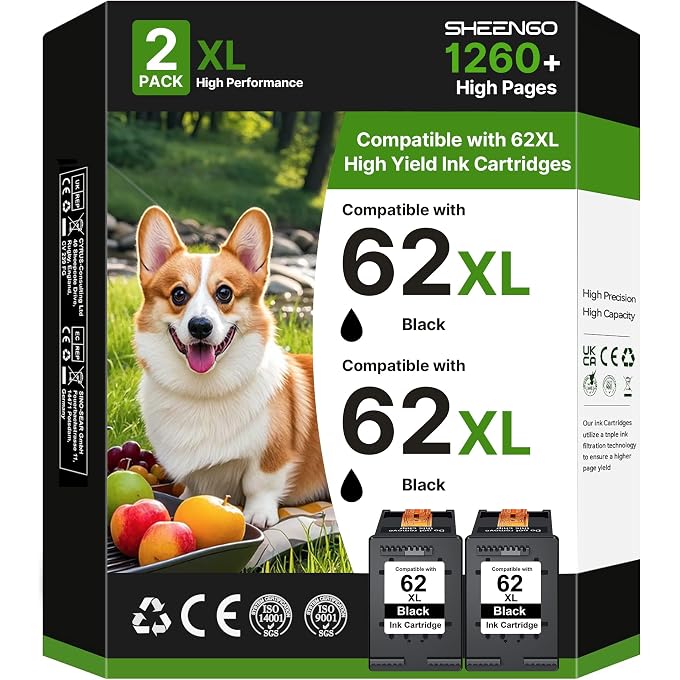 62XL Ink Cartridges (2 Black) Replacement for 62 Black Ink Cartridge 62XL High Yield Works with Envy 5540 5544 5545 5642 5660 5664 7640 7645 OfficeJet 200 250 258 5740 5745 5746 Series C2P05AN