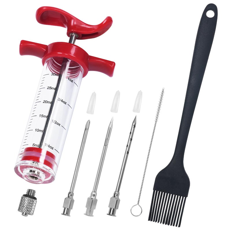 Kingsmile Turkey Injector Syringe  3 Marinade Injector Needles 1oz Meat Injector Syringe Include 5 Hole Needle Premium Portable Meat Injector Kit with Black Oil Brush  Cleaning Brush Easy to Use  Clean