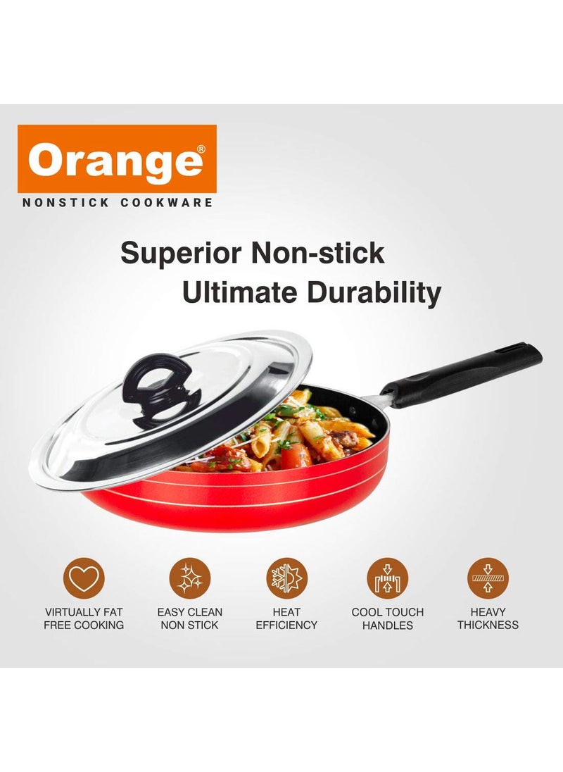 Orange Orange Aluminium Non Stick Fry PAN with S.S LID | Sturdy Cool Touch Handles | 2.6MM | Platina Series | Gas Friendly | Scratch RESTANT & Metal Spoon Friendly | RED Color  - Image 2