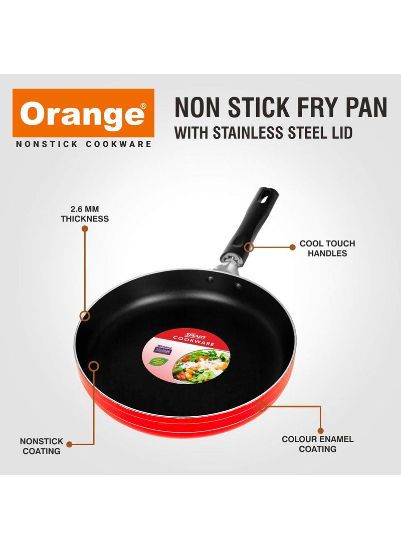 Orange Orange Aluminium Non Stick Fry PAN with S.S LID | Sturdy Cool Touch Handles | 2.6MM | Platina Series | Gas Friendly | Scratch RESTANT & Metal Spoon Friendly | RED Color  - Image 3