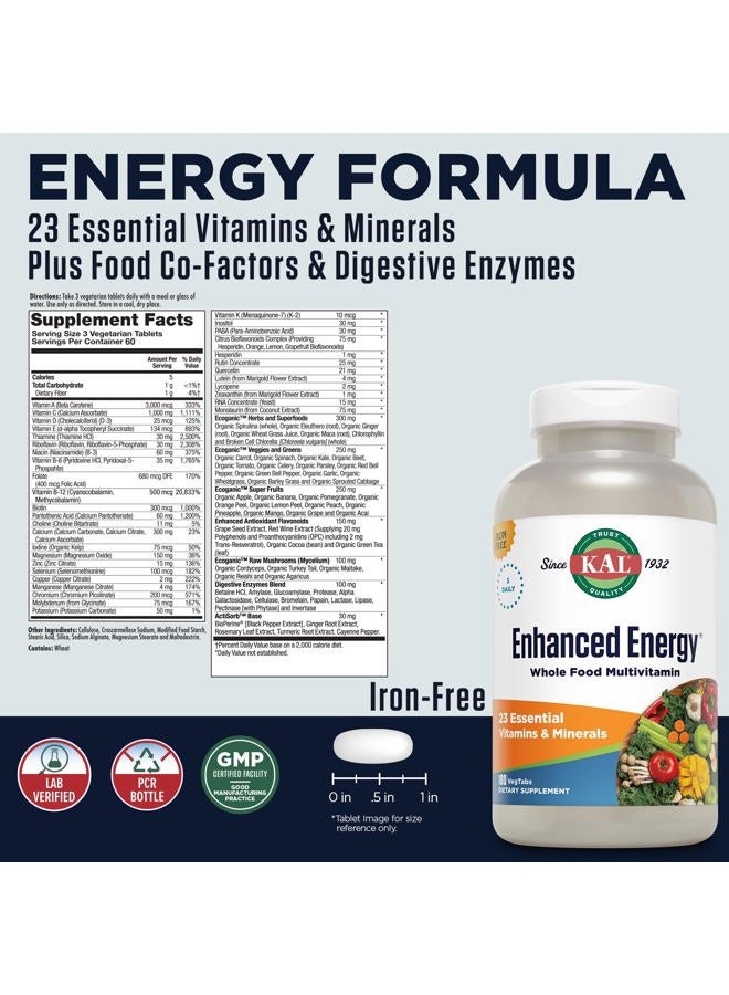 KAL ® Enhanced Energy Multivitamin | Whole Food Based Vitamins & Minerals w/ Antioxidants, Digestive Enzymes & Natural Carotenoids | 180 Capsules - Image 2