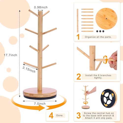 Krispmaild Mug Holder Tree, Upgraded 360° Rotated 8 Hooks Coffee Mug Holders for Counter, Bamboo Mug Rack Stand for Coffee Bar Accessories - Image 4