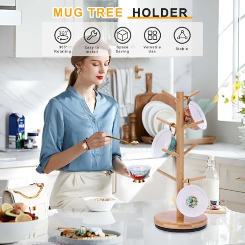 Krispmaild Mug Holder Tree, Upgraded 360° Rotated 8 Hooks Coffee Mug Holders for Counter, Bamboo Mug Rack Stand for Coffee Bar Accessories - Image 2