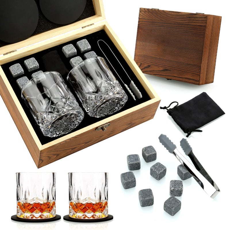 Sovyime Whiskey Glass Gift Set of 2 Whiskey Stones Whiskey Gift Sets for Men 8 Whisky Stones 2 Crystal Whisky Glasses Wooden Box Present Birthday Gifts for Men Dad Husband Valentines DayFathers Day