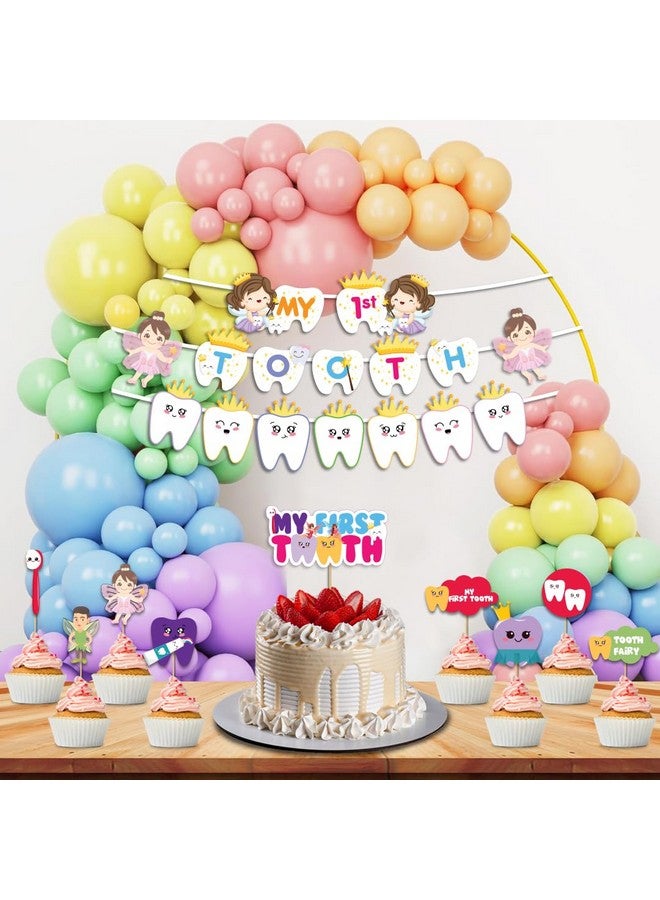 Festiko® My First Tooth Decoration Combo - 35 Pcs (Banner + Balloons + Cake & Cupcake Toppers), First Tooth Decoration Items For Baby, 1st Tooth Photoshoot Decoration - Image 1
