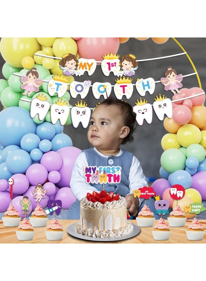 Festiko® My First Tooth Decoration Combo - 35 Pcs (Banner + Balloons + Cake & Cupcake Toppers), First Tooth Decoration Items For Baby, 1st Tooth Photoshoot Decoration - Image 3