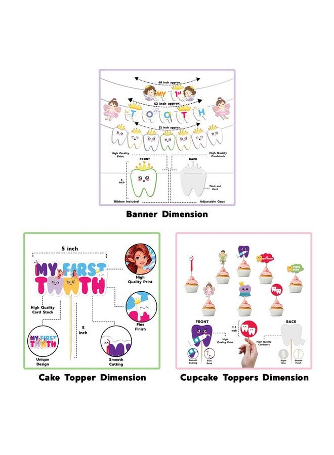 Festiko® My First Tooth Decoration Combo - 35 Pcs (Banner + Balloons + Cake & Cupcake Toppers), First Tooth Decoration Items For Baby, 1st Tooth Photoshoot Decoration - Image 4