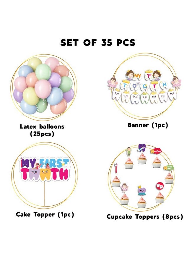Festiko® My First Tooth Decoration Combo - 35 Pcs (Banner + Balloons + Cake & Cupcake Toppers), First Tooth Decoration Items For Baby, 1st Tooth Photoshoot Decoration - Image 2