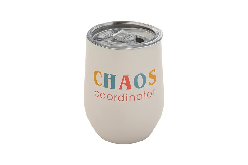 Pearhead Chaos Coordinator Stainless Steel Wine Tumbler with PressIn and Slide Locking Lid Mothers Day Stemless Wine Glass Tumbler Mug New Mom Accessory 12oz