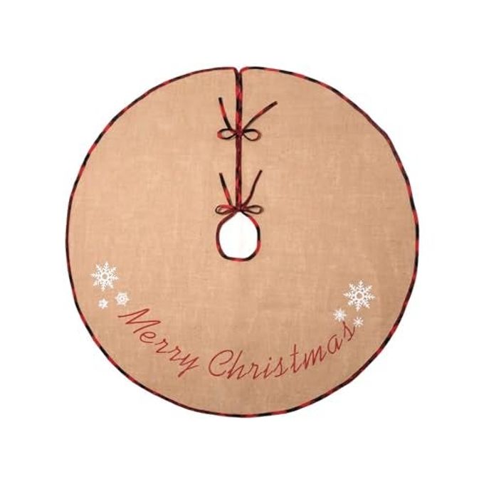 CHRISTMAS BURLAP TREE SKIRT 30 INCH SMALL TREE MAT WITH SNOWFLAKE PRINTED MERRY CHRISTMAS RED BLACK PLAID BUFFALO EDGE FOR HOME PARTY HOLIDAY COUNTRY INDOOR XMAS TREE DECORATIONS