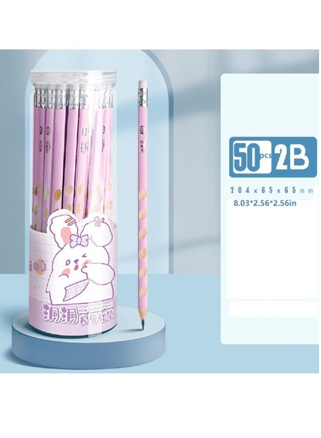 50pcs Pencil with Eraser Hole Pencil Correction Grip 2B Triangle Grip Beginners 2B Writing Pencil (Purple Cute Rabbit) - Image 1