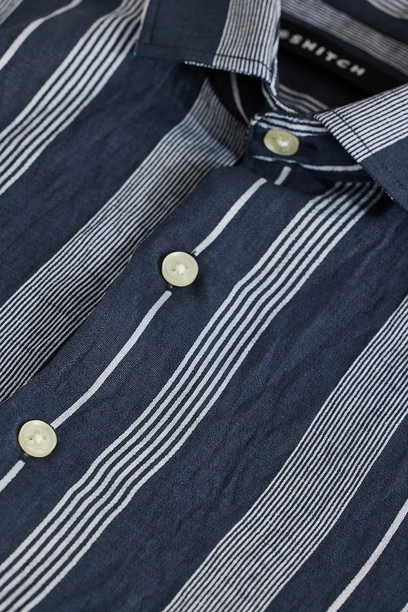 سنيتش Navy Blue Striped Long Sleeve Slim Fit Shirt