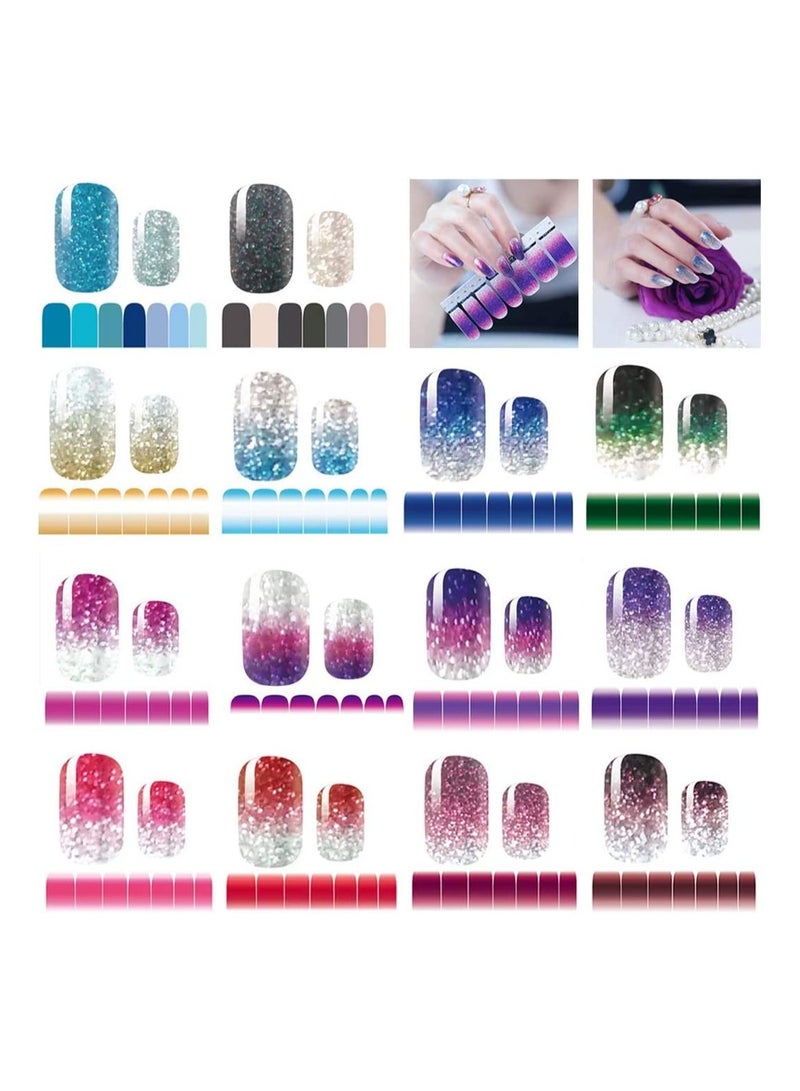 SOLARAE Nail Stickers Glitter Gradient Color, Full Wraps Self-Adhesive Solid Colors Nail Polish Stickers with Nail File, for Women Girls DIY Nail Craft (14 Sheets) - Image 1