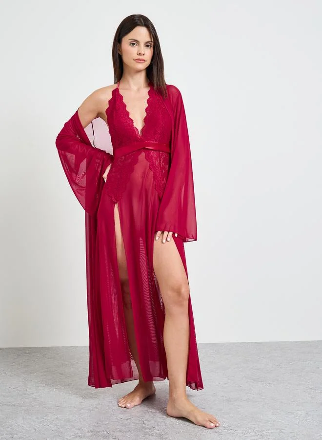 Take Two Burgundy Lace Slip Dress And Robe Set
