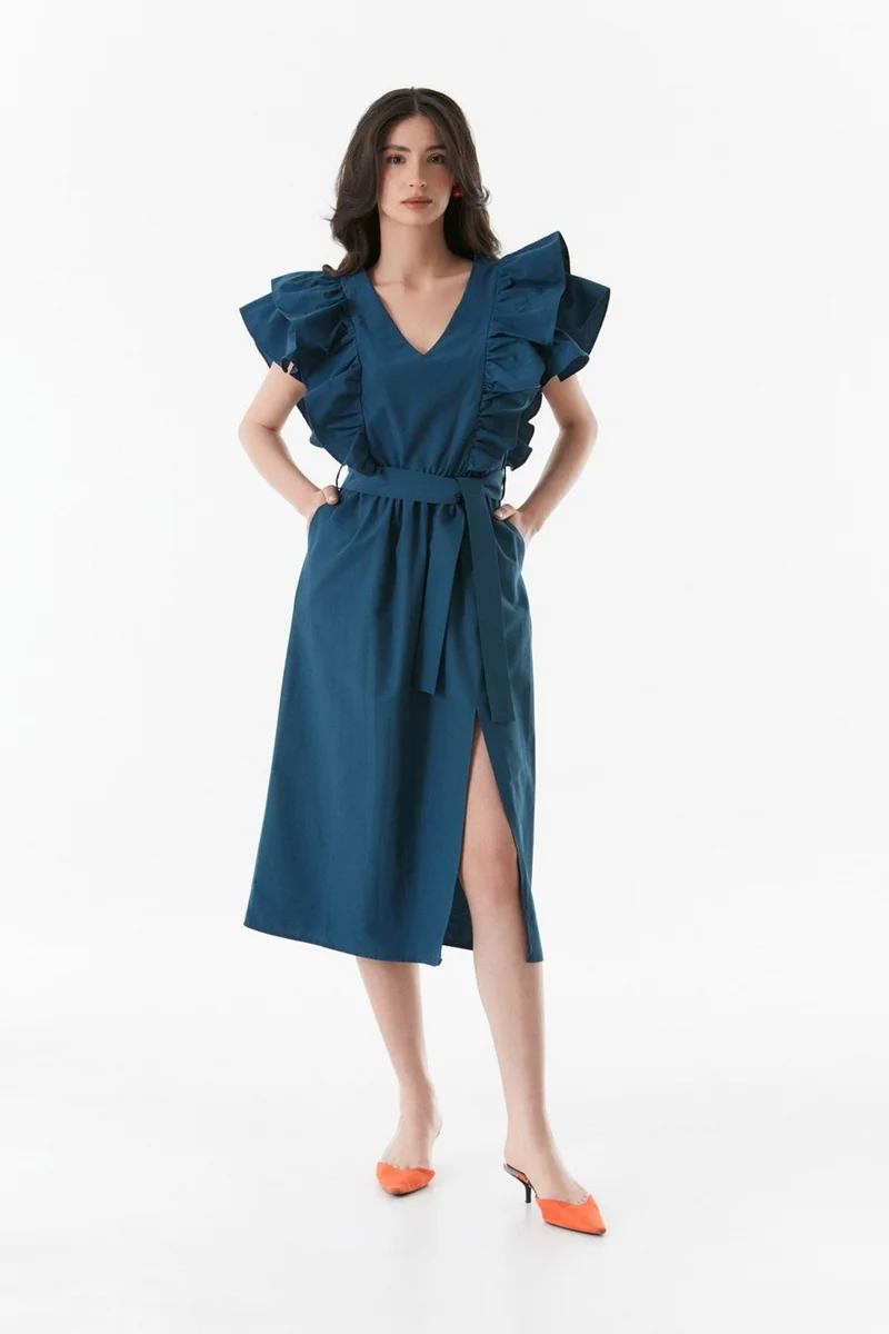 FullaModa Frilly Collar Slit Dress with Belted Waist