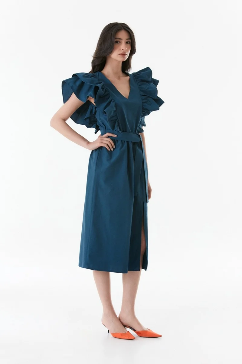 FullaModa Frilly Collar Slit Dress with Belted Waist