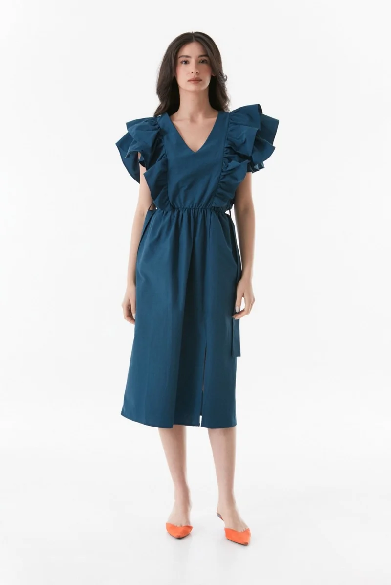 FullaModa Frilly Collar Slit Dress with Belted Waist