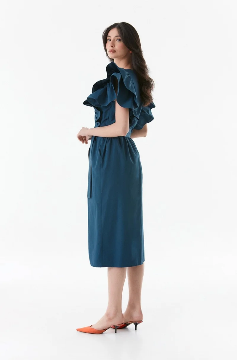FullaModa Frilly Collar Slit Dress with Belted Waist