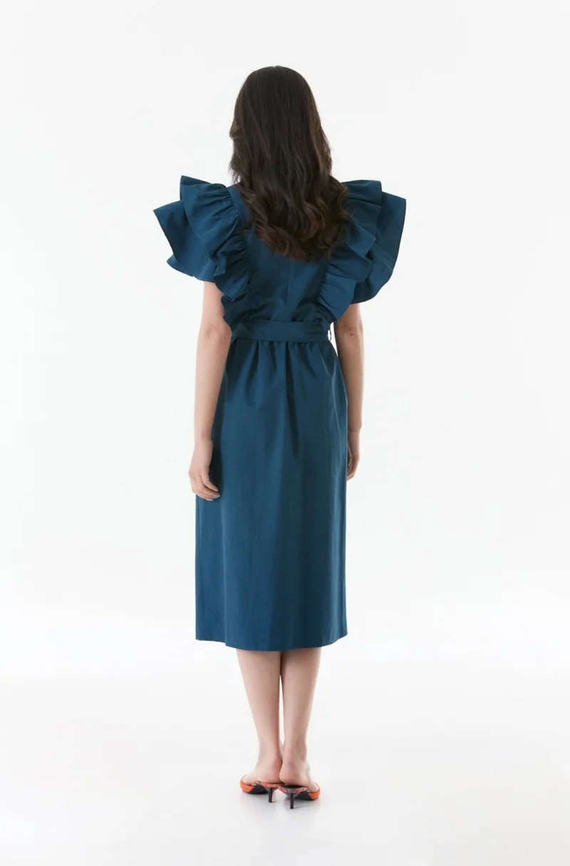 FullaModa Frilly Collar Slit Dress with Belted Waist