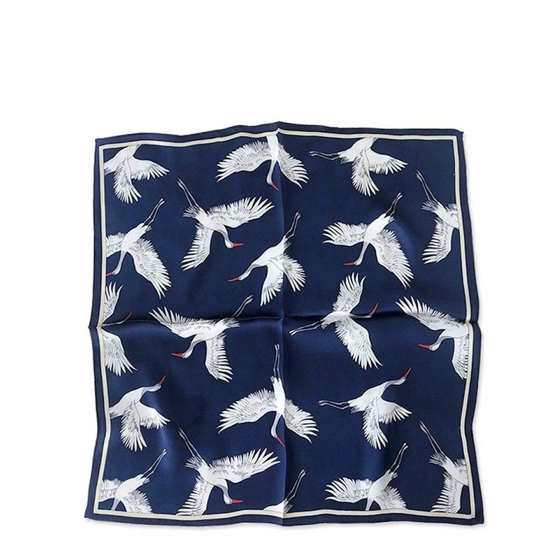 Jeelow 100% Real Silk Mulberry Small Scarves Square Bandana 21x21 Inch For Hair Neckerchief (Navy Bird) - Image 1