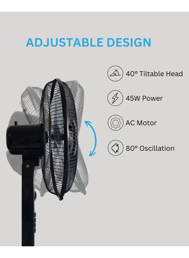 DOMEA 16-Inch Pedestal Fan | 5-Blade Design, Adjustable Height, 3-Speed Modes, 1-Hour Timer, Wide Angle Oscillation, 45W Motor, Black - Image 4