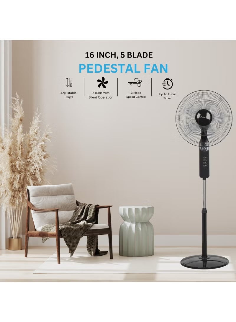 DOMEA 16-Inch Pedestal Fan | 5-Blade Design, Adjustable Height, 3-Speed Modes, 1-Hour Timer, Wide Angle Oscillation, 45W Motor, Black - Image 3