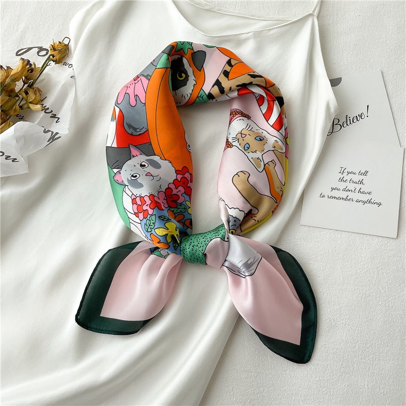 Spring and Summer Cartoon Cute Silk Scarf Small Square Silk 70cm Scarf Women's Korean Style Cat Hair Belt Decorative Headscarf  - Image 4