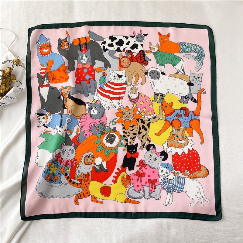 Spring and Summer Cartoon Cute Silk Scarf Small Square Silk 70cm Scarf Women's Korean Style Cat Hair Belt Decorative Headscarf  - Image 5