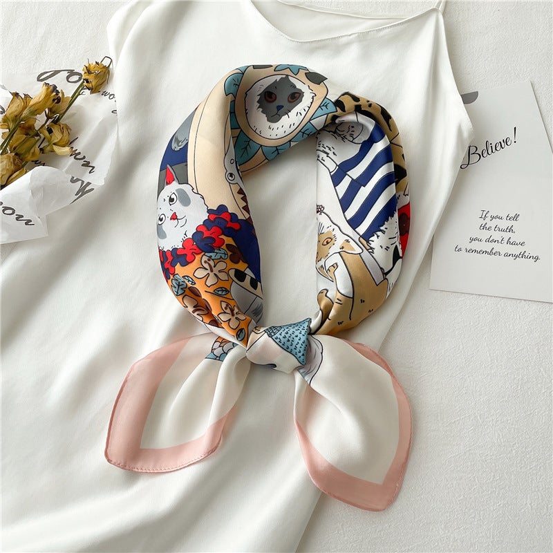 Spring and Summer Cartoon Cute Silk Scarf Small Square Silk 70cm Scarf Women's Korean Style Cat Hair Belt Decorative Headscarf  - Image 3