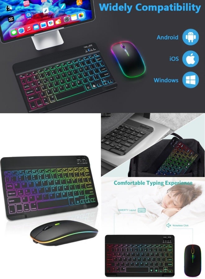 أفضل ذروة مجموعة لوحة مفاتيح وماوس بلوتوث رفيعة للغاية لجهاز iPad ولوحة مفاتيح وماوس لاسلكية قابلة لإعادة الشحن مع إضاءة خلفية بـ 7 ألوان، متوافقة مع iPad من الجيل التاسع/الثامن iPad Pro/Air/Mini iPhone 14/13/12 Pro - Image 1