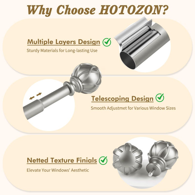 HOTOZON Curtain Rods 2 Pack 32 to 58 Inches, HOTOZON Curtain Rods for Windows 20 to 53 Inches, 3/4 Inch Adjustable Telescoping Splicing Windows Drapery Rod with Netted Finials, Antique Silver - Image 3