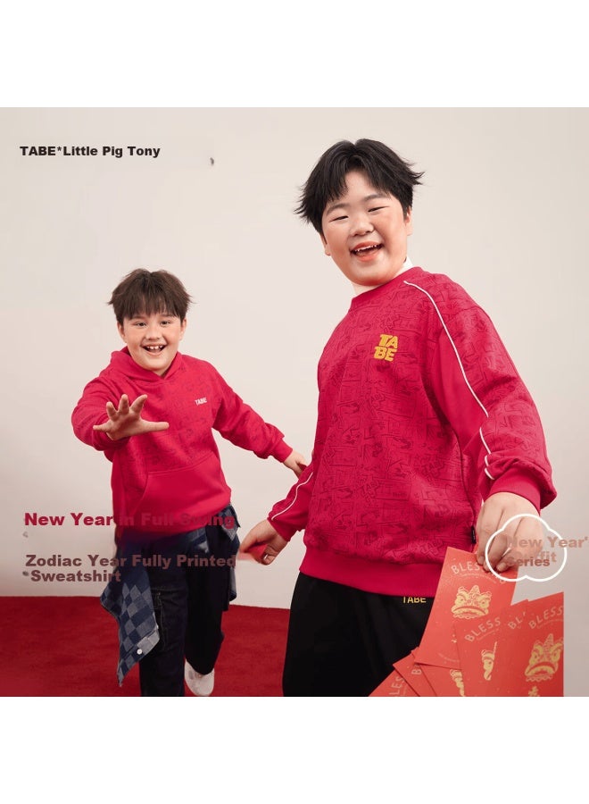TABE Little Pig Tony Boys' Fleece-lined Pullover Hoodie Kids' Sports Sweatshirt Loose Fit Red Youth Casual Top - Image 1
