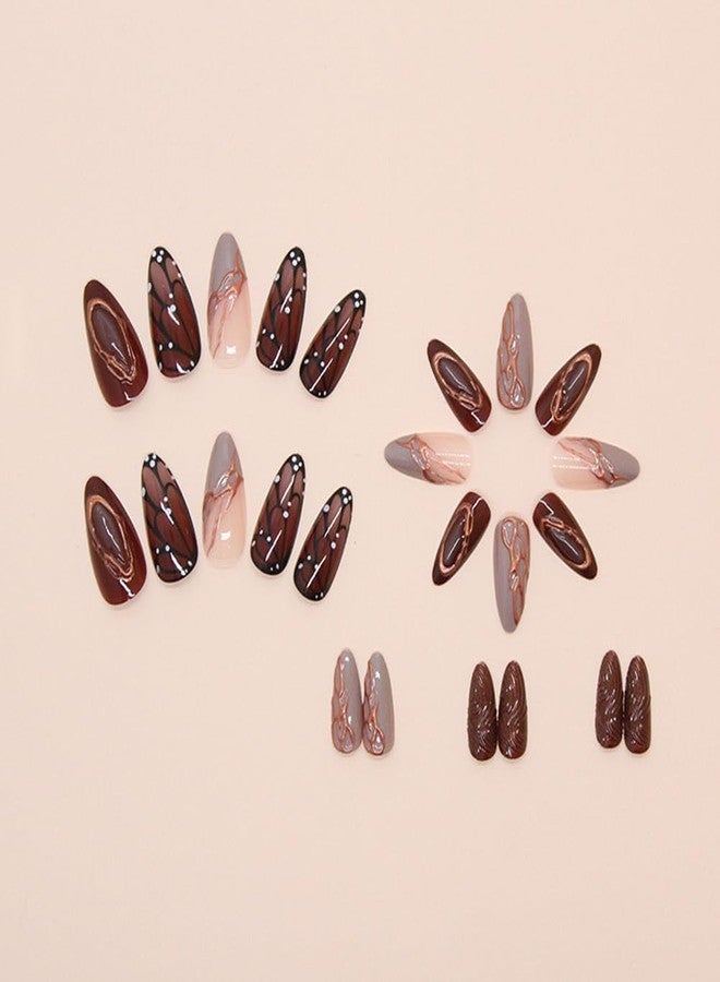 Hrnsnails Nail Press ons, Almond Press On Nails Medium Fake Nails with Butterfly Wings Three-Dimensional Ripples Manicure Design, Acrylic Artificial False Nails Press On Stick On Nails for Women - Image 3
