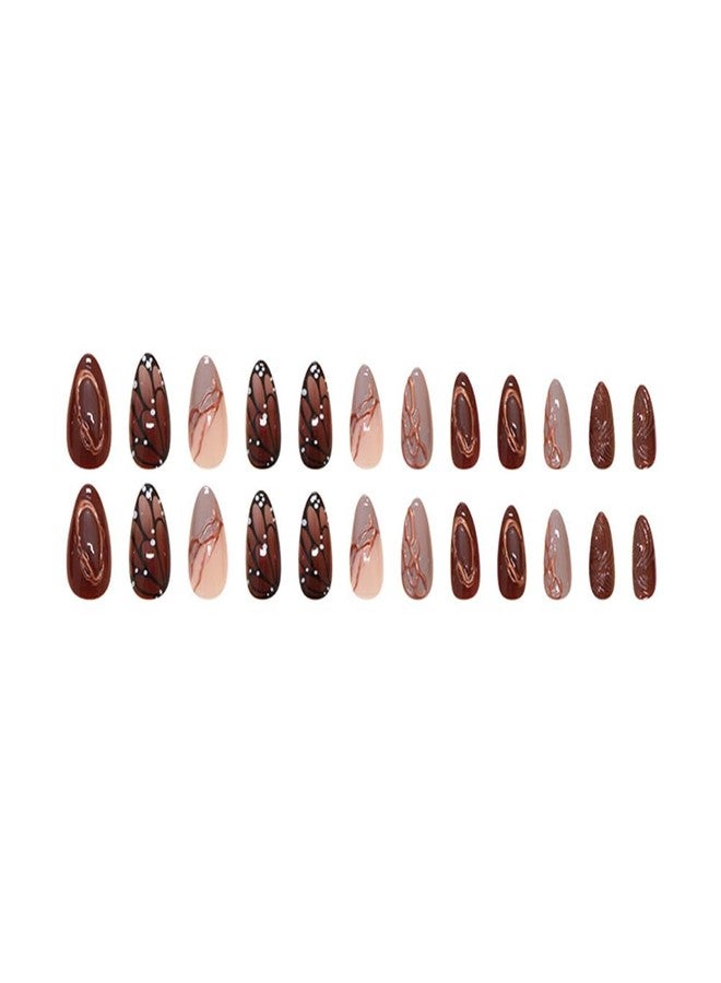 Hrnsnails Nail Press ons, Almond Press On Nails Medium Fake Nails with Butterfly Wings Three-Dimensional Ripples Manicure Design, Acrylic Artificial False Nails Press On Stick On Nails for Women - Image 5