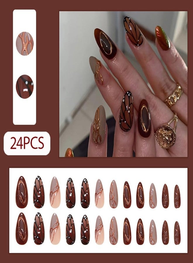 Hrnsnails Nail Press ons, Almond Press On Nails Medium Fake Nails with Butterfly Wings Three-Dimensional Ripples Manicure Design, Acrylic Artificial False Nails Press On Stick On Nails for Women - Image 2