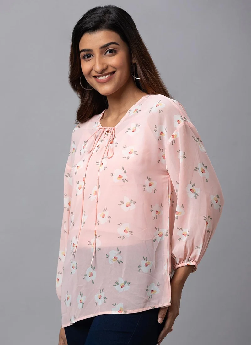 globus Globus Women Pink Printed Tie-Up Neck Top
