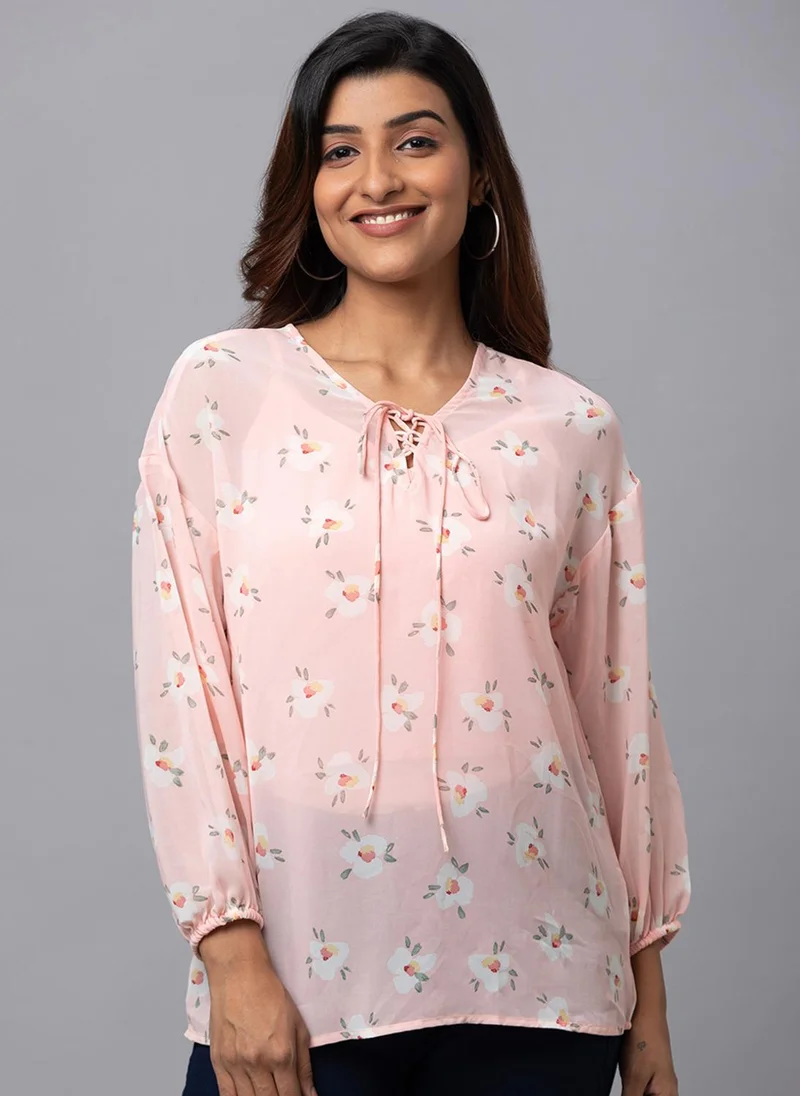 globus Globus Women Pink Printed Tie-Up Neck Top