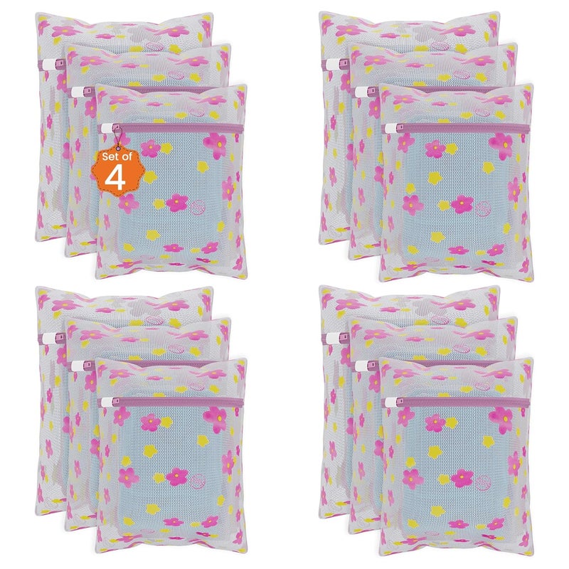 Kuber Industries Set of 12 Polyester Mesh Laundry Bag with Zip Reusable Washing Bags for Washing Machine Ideal for Lingerie Delicate Fabric Shoes Protection YZ92 Sunflower Design Pink - Image 1