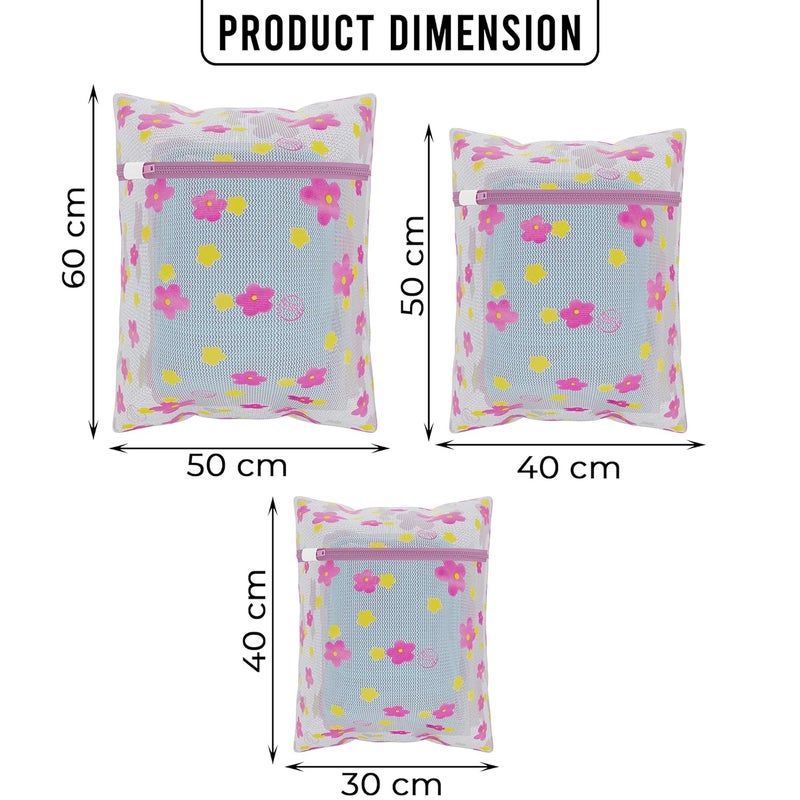 Kuber Industries Set of 12 Polyester Mesh Laundry Bag with Zip Reusable Washing Bags for Washing Machine Ideal for Lingerie Delicate Fabric Shoes Protection YZ92 Sunflower Design Pink - Image 3