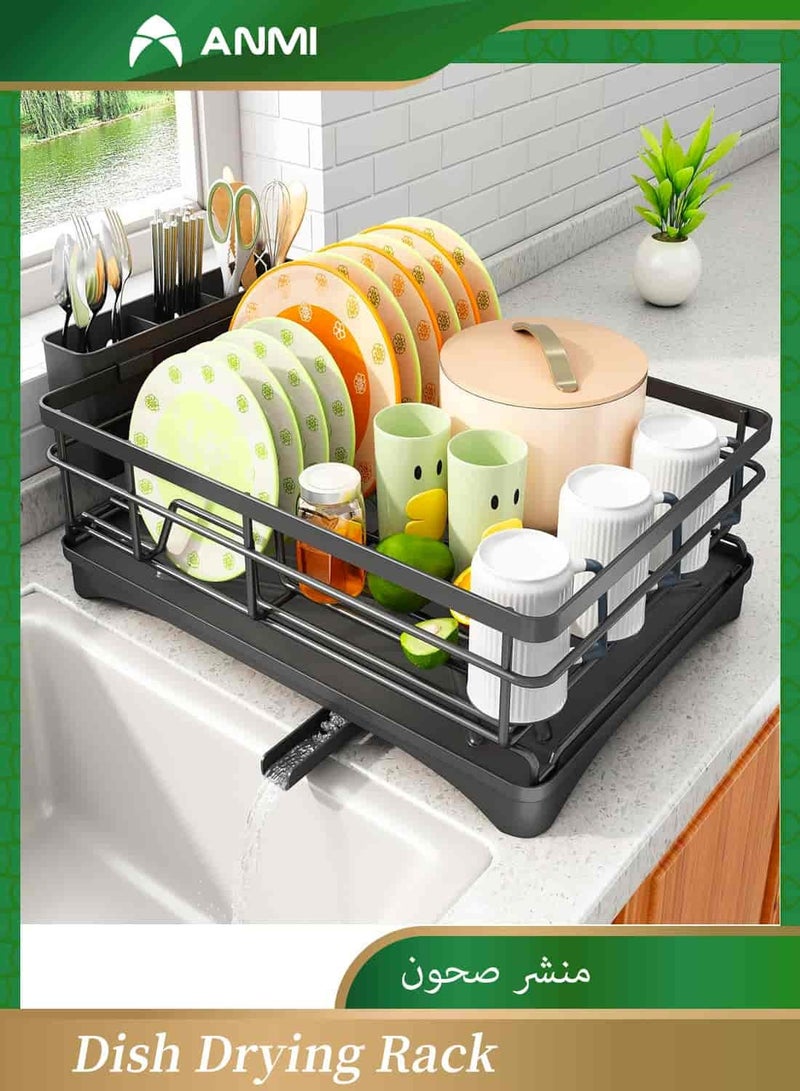 Anmi Stainless Steel Dish Rack for Kitchen Counter, Large-Capacity Dish Drainer with Cutlery Holder, Kitchen Organizer for Dishes, Spoons and Forks, Black - Image 1