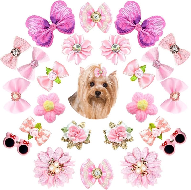 Pet Hair Bows, Bowknot Hair Clips, Floral Pet Headwear, Decorative Hair Barrettes, Puppy Grooming Accessories, Pet Apparel Decor for Small Dogs Cats, Pink Series, 12 Assorted Designs, 24 Pcs - Image 1